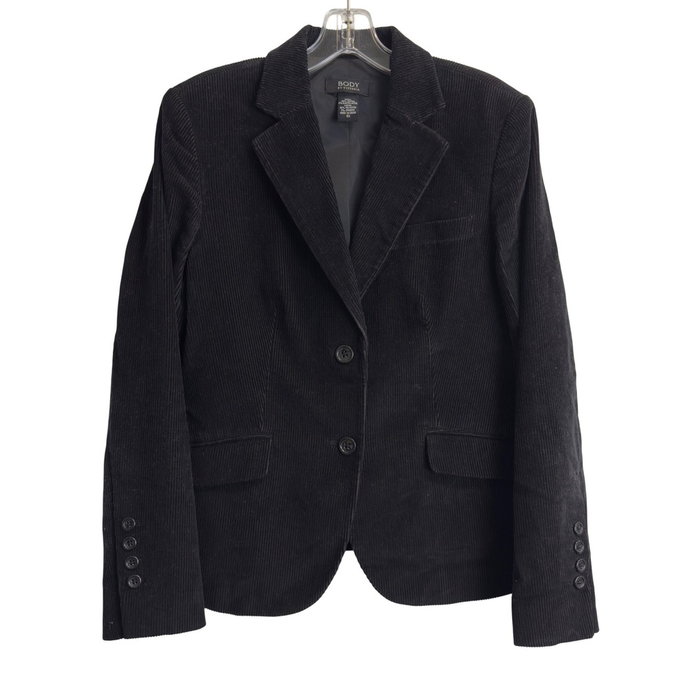 Body by Victoria Womens Black Corduroy Two Button Blazer Jacket Size 10